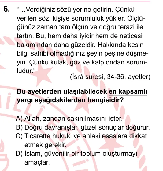 2023 LGS Din Kültürü ve Ahlak Bilgisi 6. soru