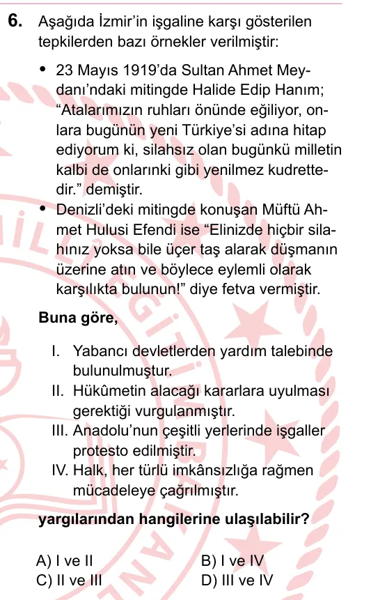2023 LGS T.C. İnkılap Tarihi ve Atatürkçülük 6. soru