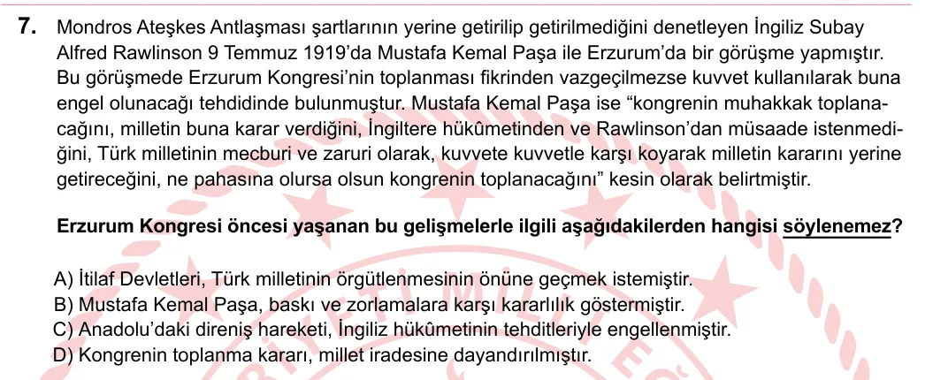2023 LGS T.C. İnkılap Tarihi ve Atatürkçülük 7. soru