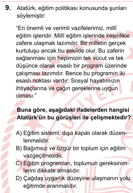 2023 LGS T.C. İnkılap Tarihi ve Atatürkçülük 9. soru