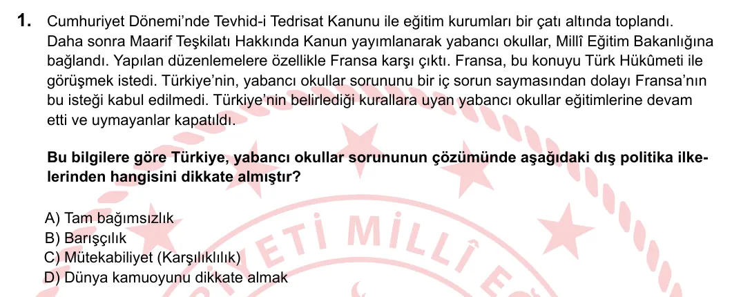 2024 LGS T.C. İnkılap Tarihi ve Atatürkçülük 1. soru